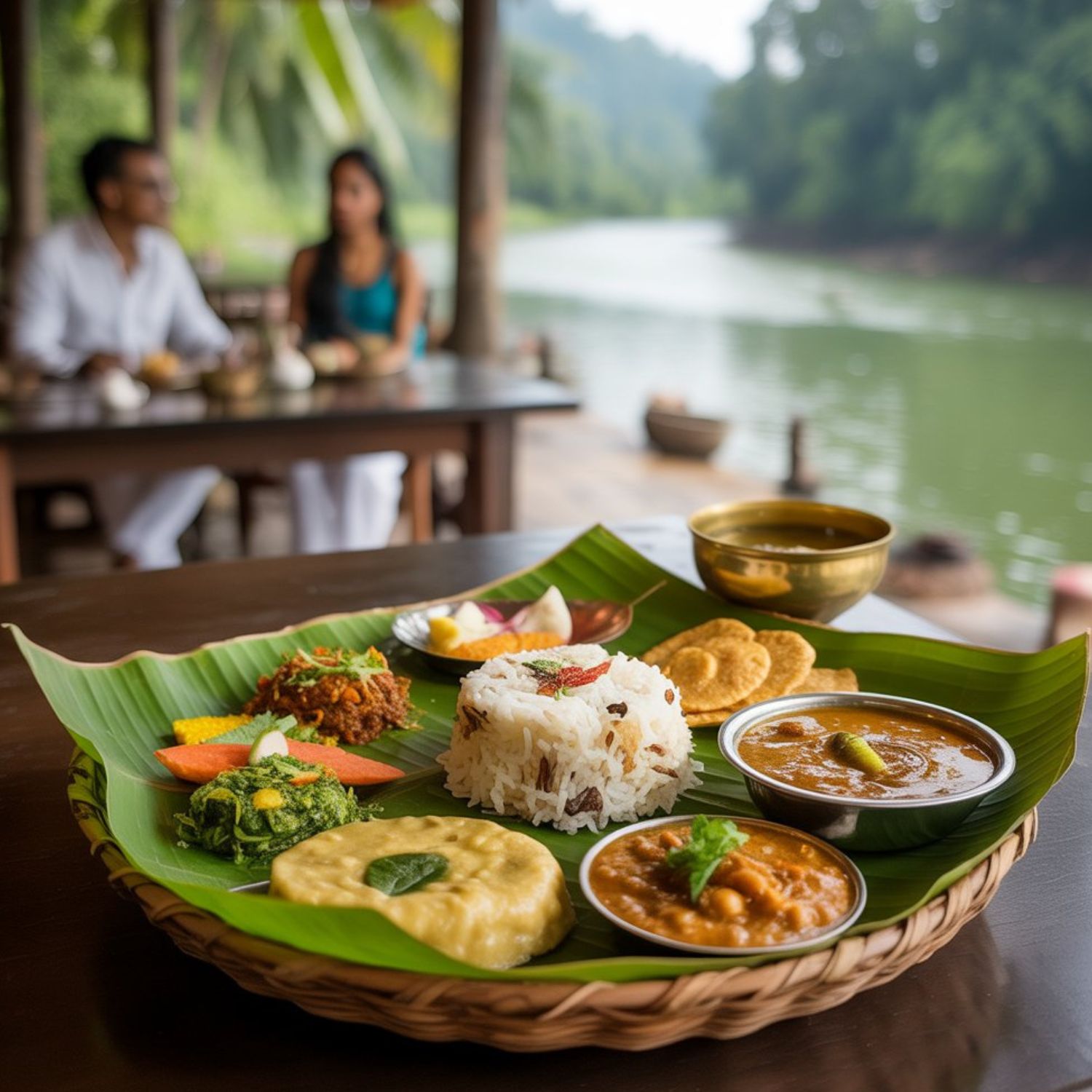 Kerala Ayurvedic Vegetarian Lunch Thali by the Riverside – Vata, Pitta, Kapha Balanced Meal Traditional Kerala vegetarian lunch served on a banana leaf by the riverside, featuring rice, assorted curries, vegetables, and desserts. Each meal is thoughtfully prepared according to the guest’s Ayurvedic body type – Vata, Pitta, or Kapha – to support holistic wellness.