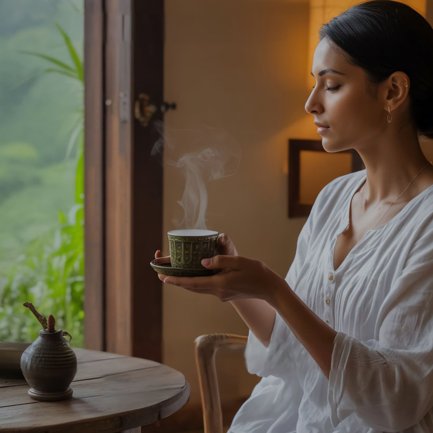 Morning Herbal Tea Ritual at Retreat Inn Kerala Woman enjoying a calming herbal tea ritual at Retreat Inn Kerala, part of the daily wellness routine before yoga and therapy, surrounded by serene greenery and peaceful ambiance.