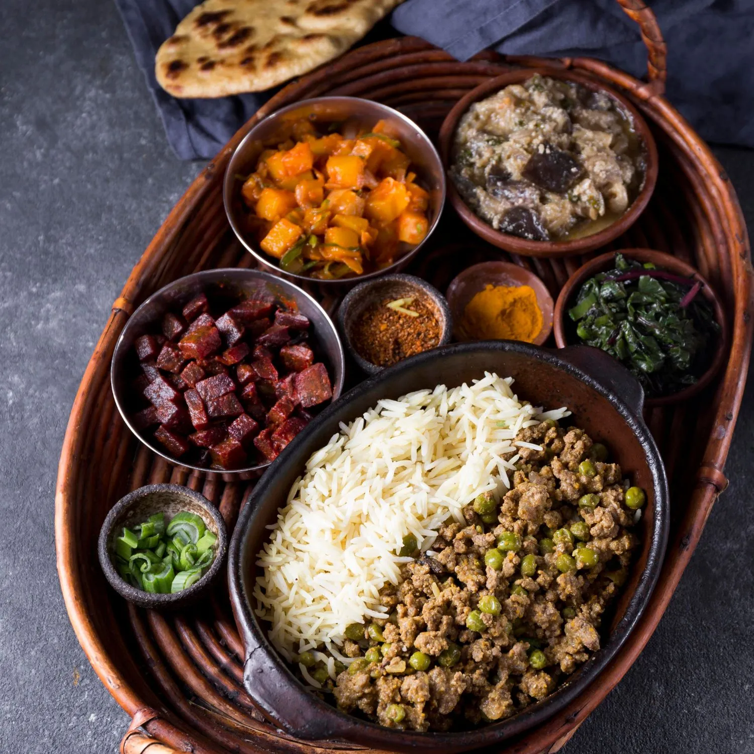Wholesome Indian Thali with Basmati Rice and Assorted Ayurvedic Sides - retreat inn kerala ayurveda yoga resort Traditional Indian thali meal served in a rustic basket, featuring basmati rice with spiced minced meat and peas, assorted vegetable curries, chutneys, flatbread, and fresh garnishes on a dark textured background.</p>
<p>Let me know if you'd like a caption and description for the same image as well.