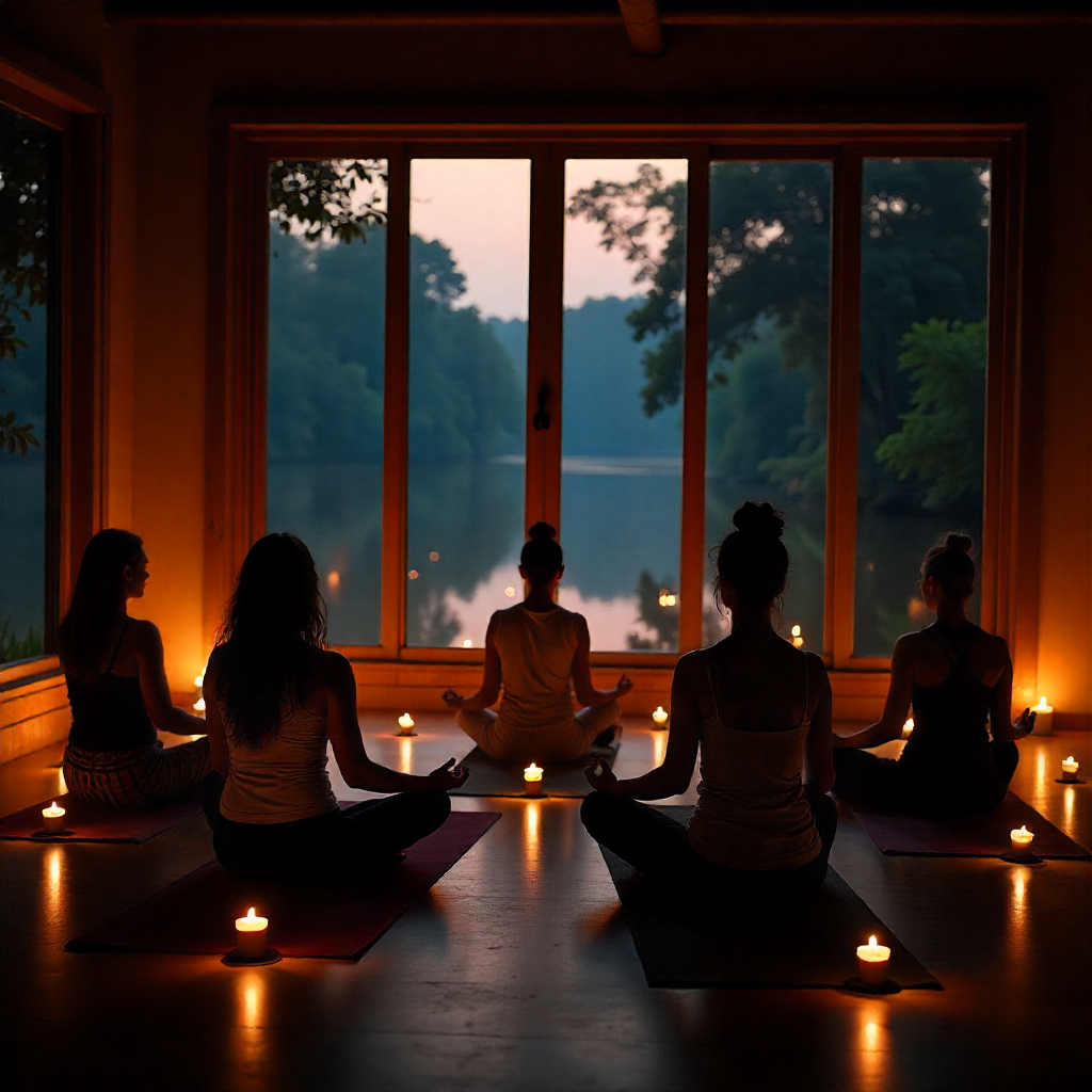 mindful meditation at periyar river side resort - retreat inn kerala ayurveda yoga resort. A group of women practicing sound healing and mindful meditation in a candle-lit room overlooking a serene lake at dusk, creating a peaceful and spiritual atmosphere at Retreat Inn Kerala Ayurveda Yoga Retreat Resort.