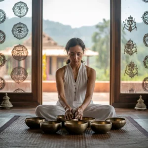 Sound healing meditation session with Tibetan singing bowls at Retreat Inn Kerala Ayurveda and Yoga Retreat.